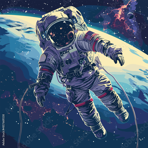 A astronaut in a spacesuit working in galaxy space, cartoon style, vector illustration