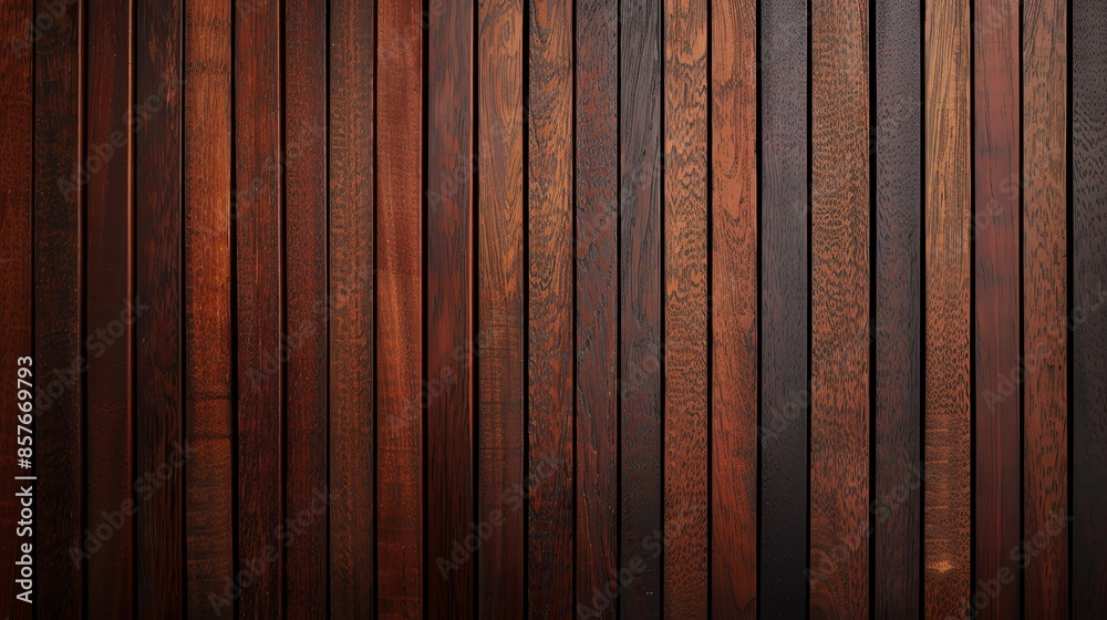 Obraz premium A mahogany dark wood vertical slat wall covering provides a rich and elegant backdrop. The individual slats, arranged vertically, exhibit a deep, warm tone with subtle variations in color and grain,