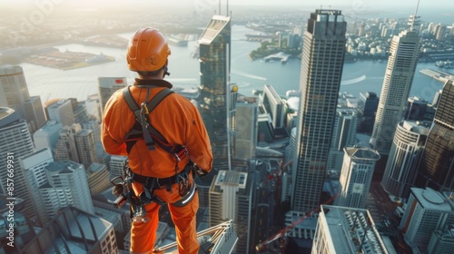 A builder in a bright orange uniform and helmet stands on top of a skyscraper overlooking the cityscape.