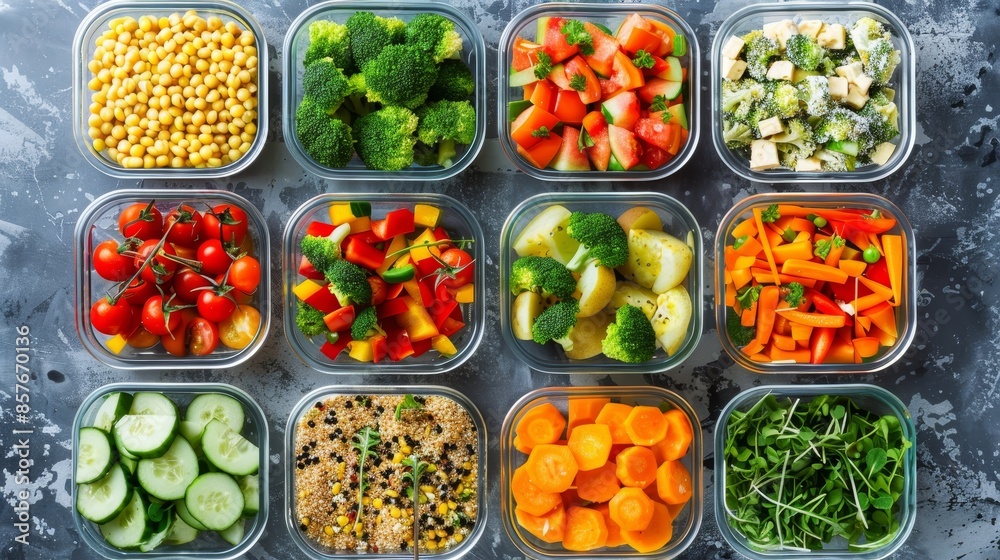 First person top view of healthy fitness meal prep, colorful vegetables, lean proteins, and whole grains, balanced nutrition, raw style, vibrant and detailed First person top view of healthy fitness meal prep, colorful vegetables, lean proteins, and whole grains, balanced nutrition, raw style, vibrant and detailed
