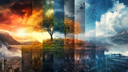 First person view collage of time and weather changes, day turning to night, seasons shifting, human and nature elements, raw style, detailed transitions