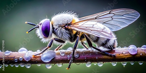 high detail Bee fly hanging on a fresh  large wings dew drops on the fly purple color branch.AI GENERATED photo