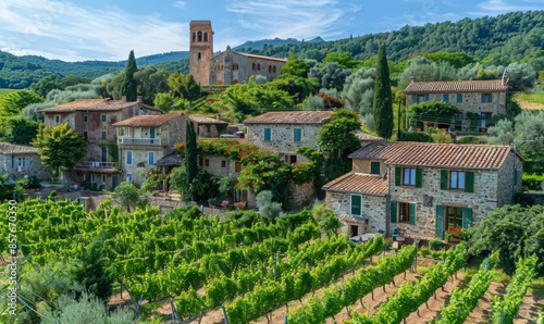 An idyllic village surrounded by vineyards and olive groves, with traditional stone houses and a small church tower visible in the distance