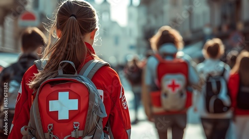 In the foreground, a close-up of one female wearing a red first aid jersey with a white X on the back, with other people behind her also wearing similar and backpacks. The background is blurred to