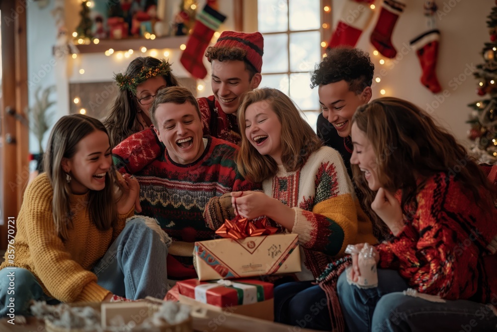 Fototapeta premium Christmas celebration unites friends with gifts, cheer, and warmth in a joyous gathering filled with friendship and happiness, creating a cozy and festive atmosphere of togetherness