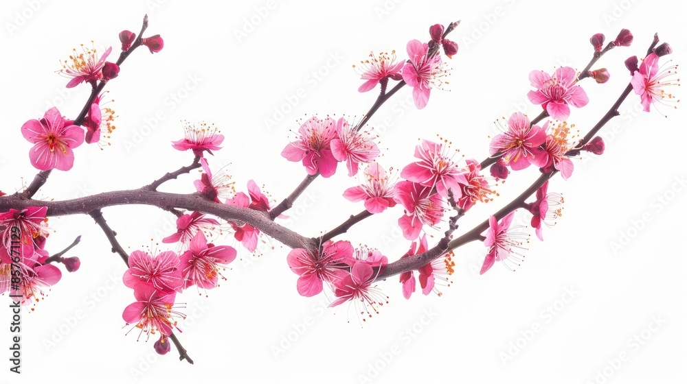 Naklejka premium A white background with a pink tree branch with pink flowers