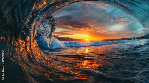 A wave crashing into the ocean with a sunset in the background