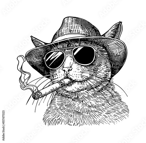 british shorthair cat, wear retro hat and smoking engraving black and white outline