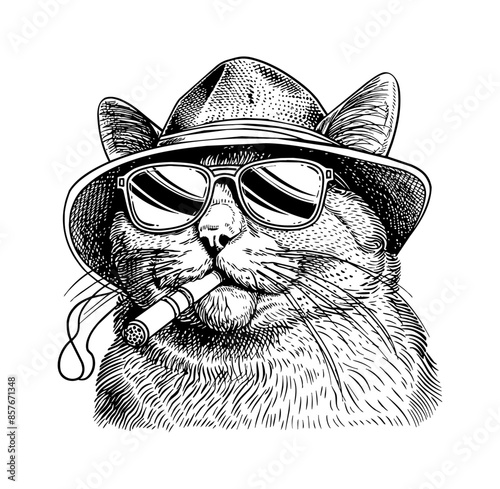 british shorthair cat, wear retro hat and smoking engraving black and white outline