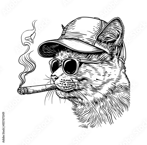 british shorthair cat, wear retro hat and smoking engraving black and white outline