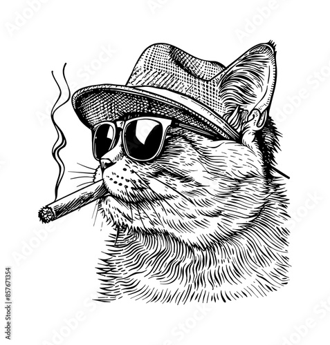 british shorthair cat, wear retro hat and smoking engraving black and white outline