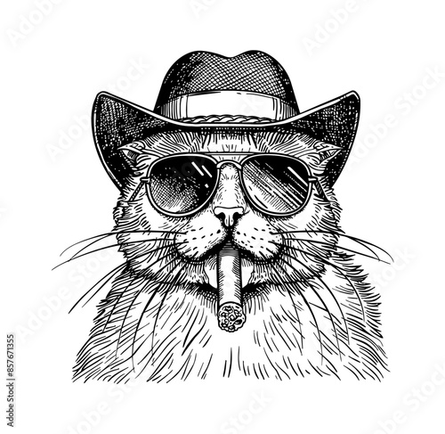 british shorthair cat, wear retro hat and smoking engraving black and white outline