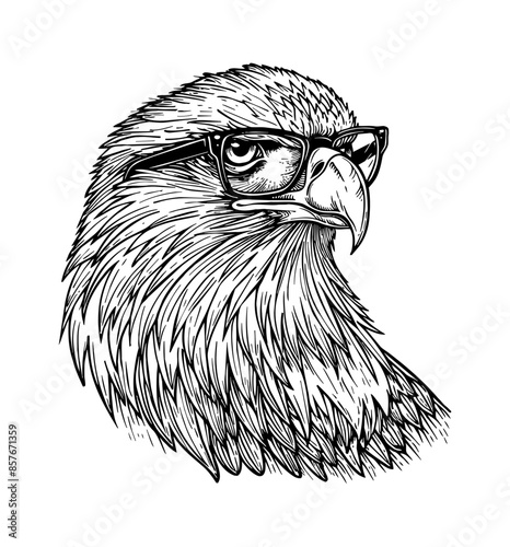 bald eagle, wears black frame eyeglass engraving black and white outline