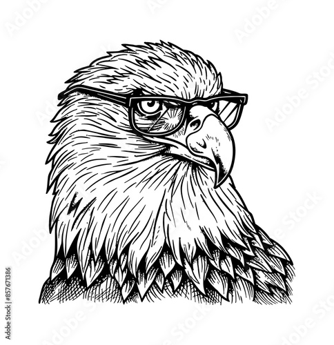 bald eagle, wears black frame eyeglass engraving black and white outline