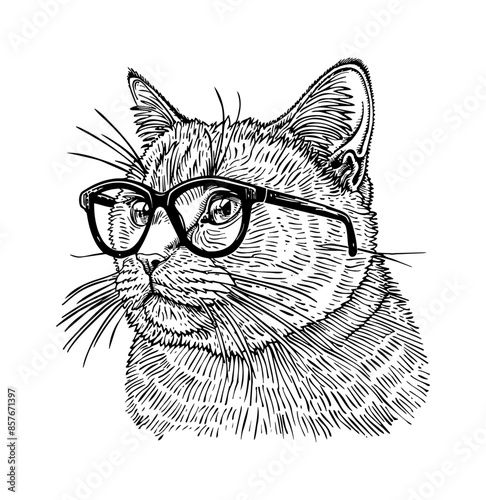 british shorthair cat wears black frame eyeglass engraving black and white outline