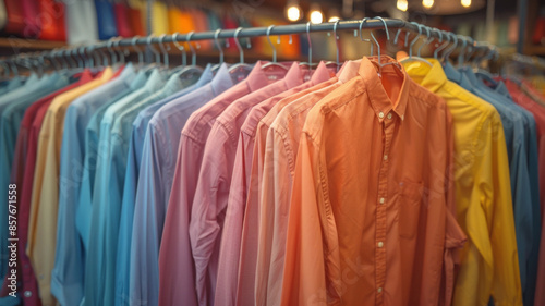 Wallpaper Mural bright colored shirts on wire hangers, hanging on a rack, bright and airy.generative ai Torontodigital.ca