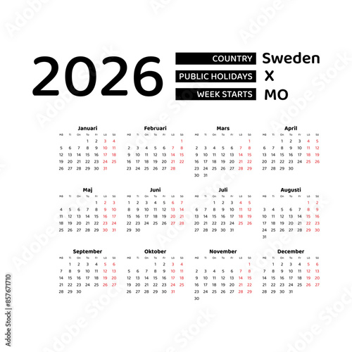 Calendar 2026 Swedish language with Sweden public holidays. Week starts from Monday. Graphic design vector illustration.