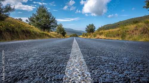 Rider's perspective on an asphalt road, empty and serene, capturing the solitude of the journey, raw and immersive detail