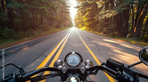 Rider's perspective on an asphalt road, empty and serene, capturing the solitude of the journey, raw and immersive detail