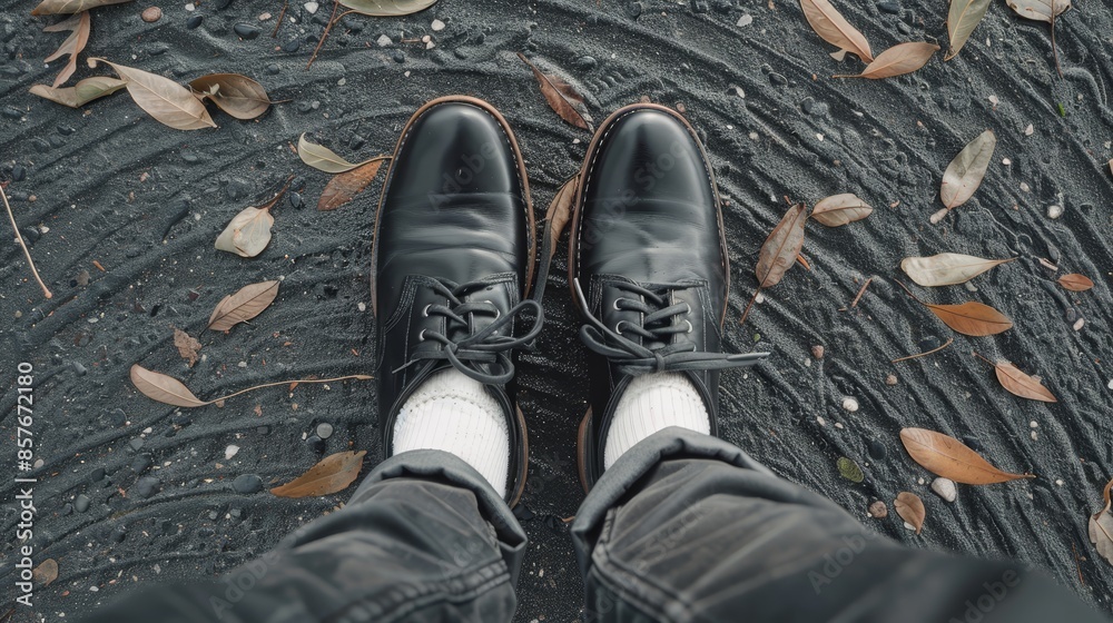 Top view of a man in leather shoes with black laces, wearing white socks, first-person perspective, raw and detailed, stylish Top view of a man in leather shoes with black laces, wearing white socks, first-person perspective, raw and detailed, stylish