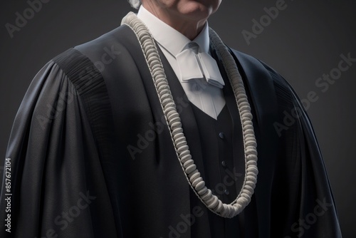 Judge in traditional robe with chain of office. Studio portrait of legal attire. Law and justice concept for editorial and print