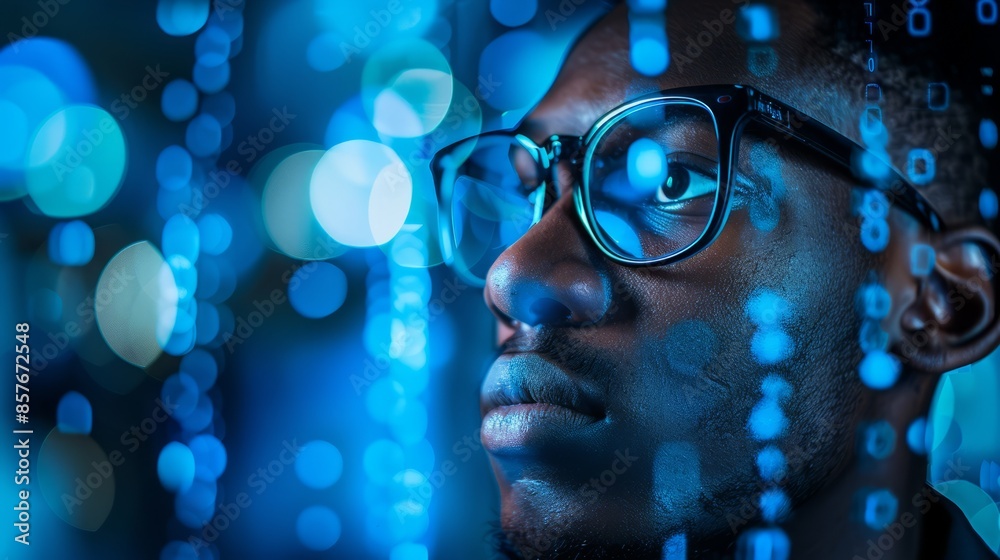 A double exposure of an African American man wearing glasses, he looks next to the digital data and codes floating around him in shades of blue