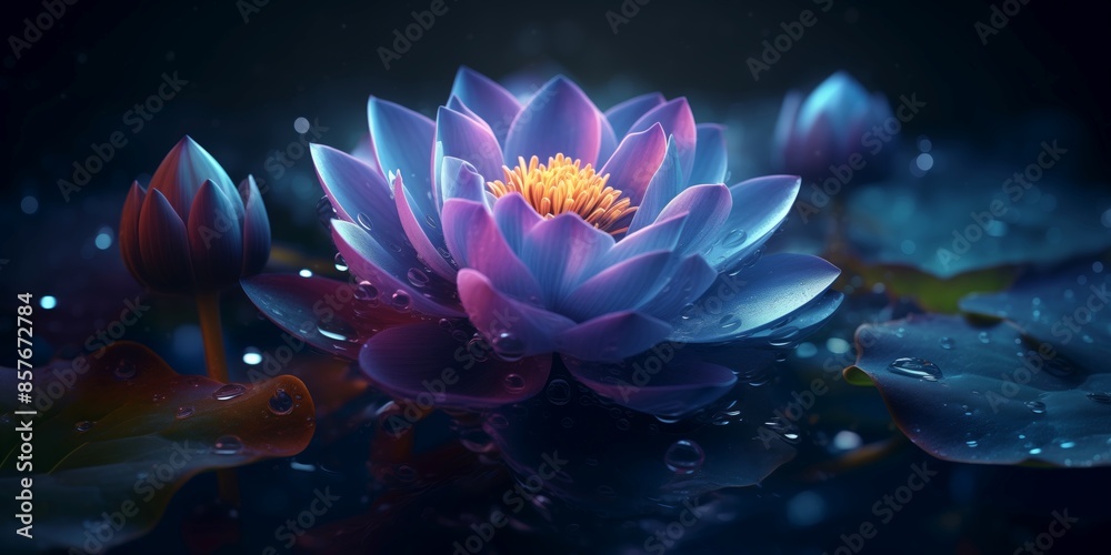 On a mystical night after rain, a magical large lotus bloomed on the lake On a mystical night after rain, a magical large lotus bloomed on the lake