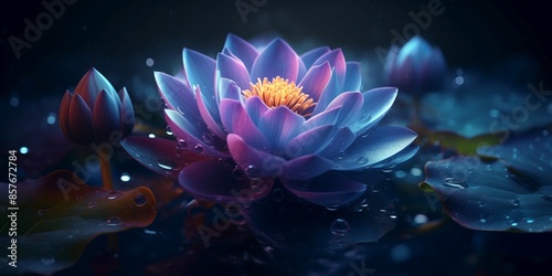 On a mystical night after rain, a magical large lotus bloomed on the lake
