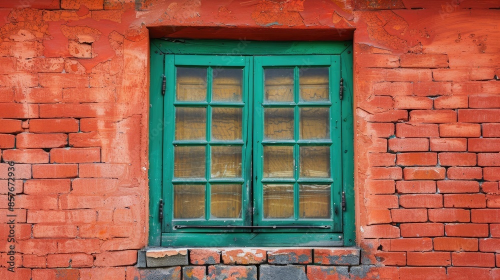 Fototapeta premium Beautiful green window in the red brick wall
