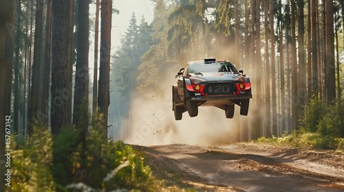 Rally racing car on dirt track, in the forest, extreme sport activities theme, created with generative ai