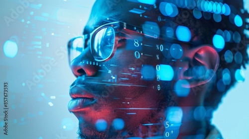 A double exposure of an African American man wearing glasses, he looks next to the digital data and codes floating around him in shades of blue