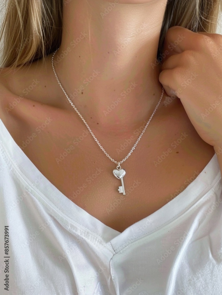 Elegant Silver Key Pendant Necklace on Woman's Neck Elegant Silver Key Pendant Necklace on Woman's Neck