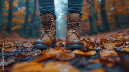 Brown Leather Boots on a Forest Path Covered in Autumn Leaves