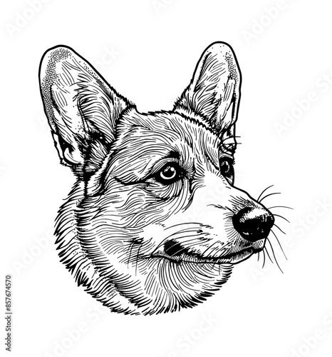 corgi, head portrait engraving black and white outline