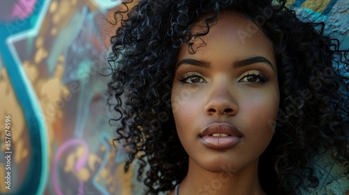 Close Up Portrait of Young Woman With Curly Hair in Front of a Colorful Wall