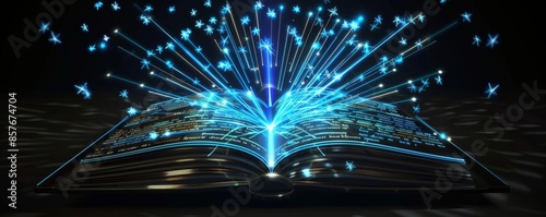 Open book with blue light beams and stars emerging, symbolizing magic, knowledge, and imagination on a dark background.