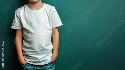 Casual Young Boy in White Shirt and Denim Jeans Against Green Background