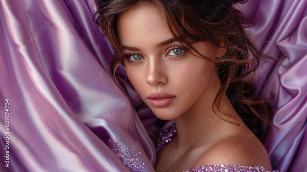 Naklejka premium Elegant Woman in Purple Silk: Beauty, Grace, and Timeless Fashion in