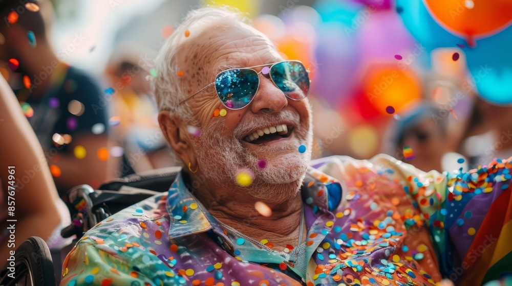 A happy old man celebrates in a pride parade as confetti flies around him A happy old man celebrates in a pride parade as confetti flies around him