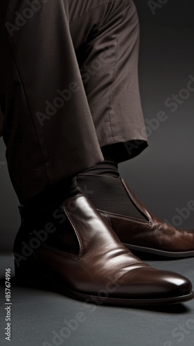 Stylish Brown Leather Shoes Paired with Black Socks and Brown Trousers on Man's Legs