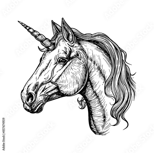 unicorn, head portrait engraving black and white outline