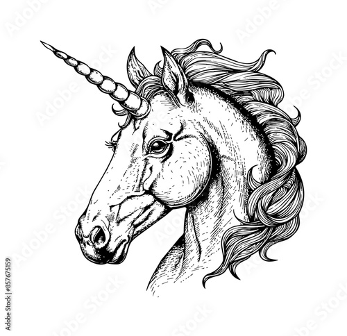unicorn, head portrait engraving black and white outline