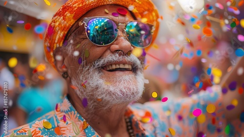 A happy old man celebrates in a pride parade as confetti flies around him