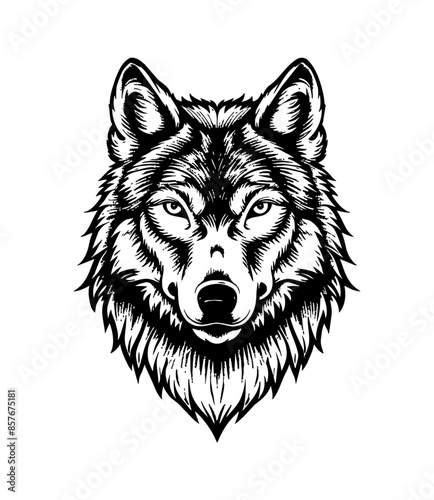 wolf, head portrait engraving black and white outline photo