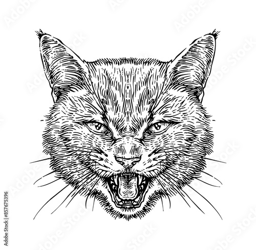 cat, head portrait engraving black and white outline