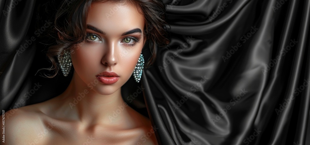 Elegant Woman with Glamorous Makeup and Jewelry Posing Against Luxurious Black Silk Fabric Elegant Woman with Glamorous Makeup and Jewelry Posing Against Luxurious Black Silk Fabric
