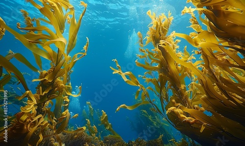 Fototapeta Naklejka Na Ścianę i Meble -  A pristine underwater landscape with towering kelp forests swaying gently with the ocean currents, against a backdrop of deep blue water