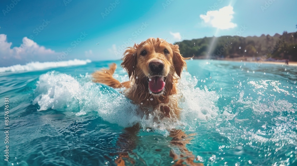 POV of a dog surfing, tongue out in excitement, gliding over blue sea under a clear sky, raw and detailed, vibrant moment POV of a dog surfing, tongue out in excitement, gliding over blue sea under a clear sky, raw and detailed, vibrant moment