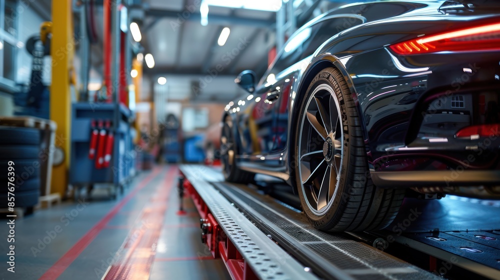 Car undergoing detailed wheel alignment check on a special alignment rack in a modern car service center Car undergoing detailed wheel alignment check on a special alignment rack in a modern car service center