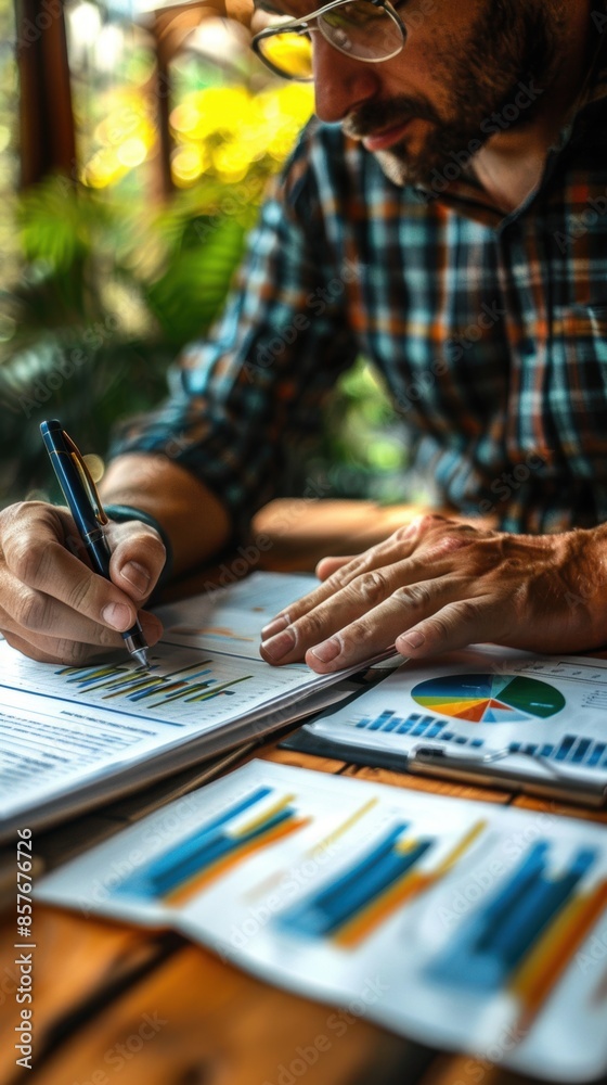 A focused businessman carefully analyzes financial charts and data at his desk. The setting is relaxed yet professional, with a clear emphasis on detailed analysis and strategic planning in a cozy off A focused businessman carefully analyzes financial charts and data at his desk. The setting is relaxed yet professional, with a clear emphasis on detailed analysis and strategic planning in a cozy off